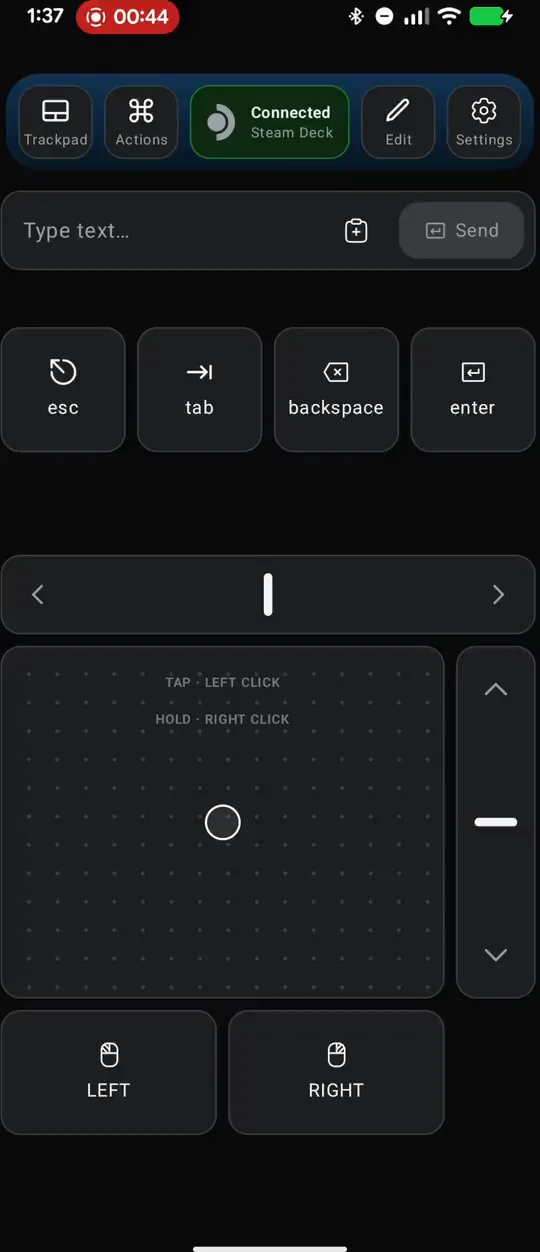 Pantalla real de Deck Pointer conectado a Steam Deck, con entrada de texto, teclas y trackpad.