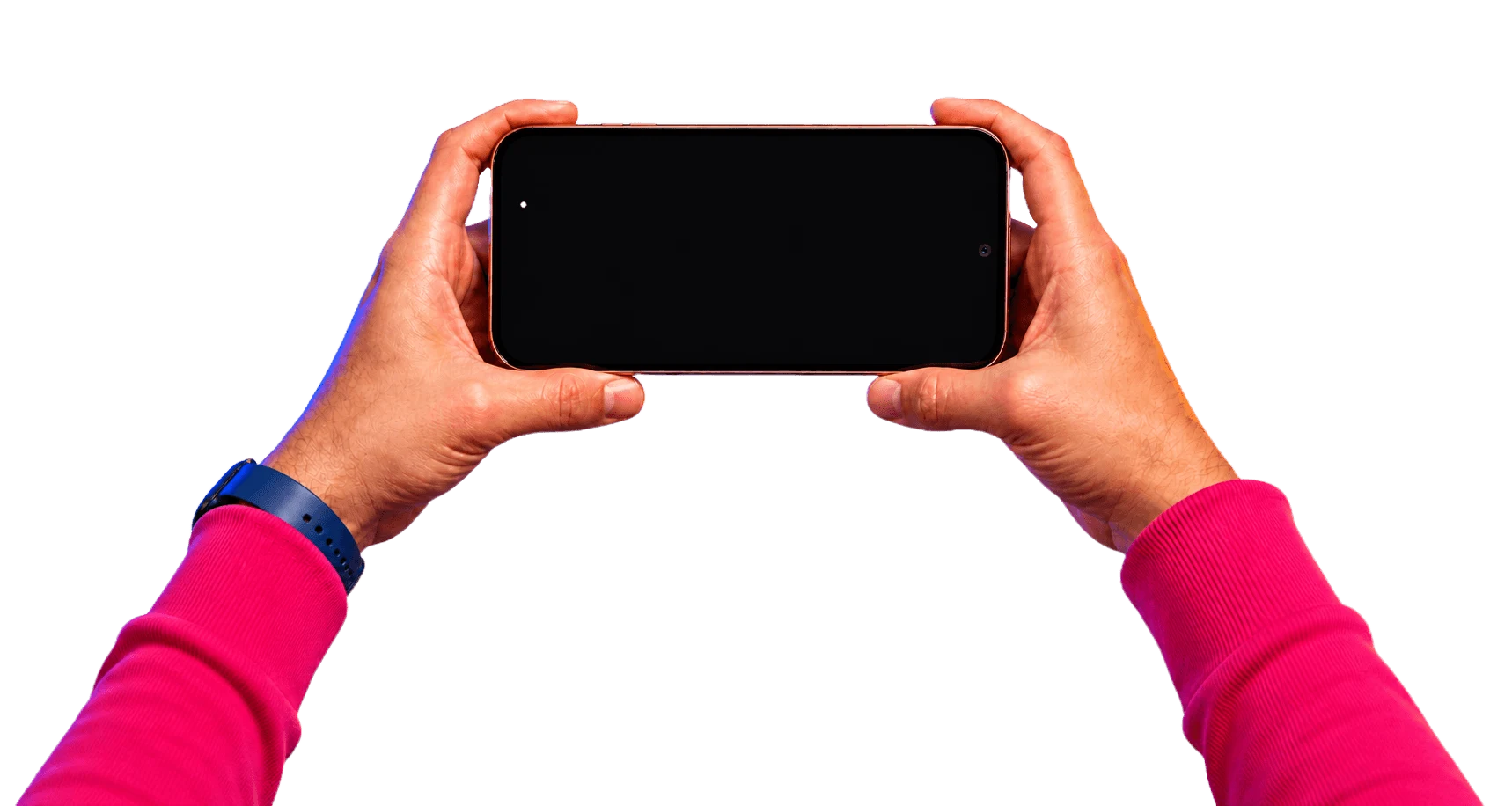 Manos sosteniendo un teléfono en horizontal