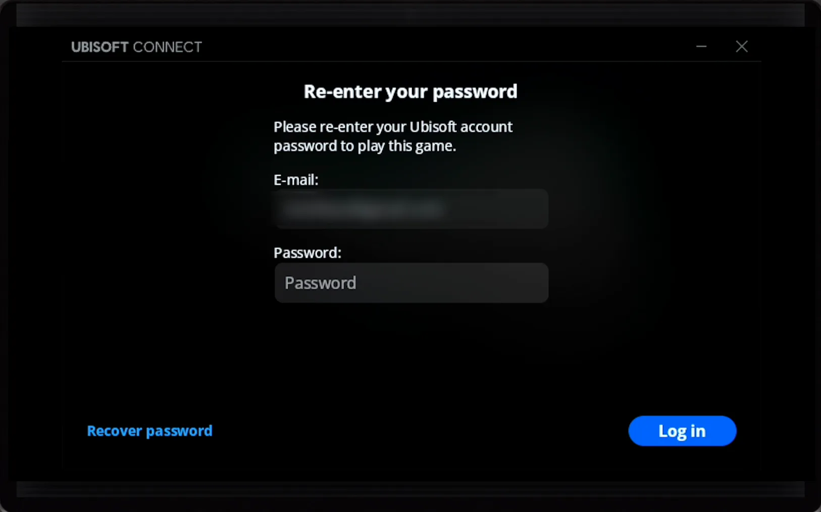 Ubisoft Connect's Re-enter your password dialog on the Steam Deck, with the e-mail field blurred and the password field empty
