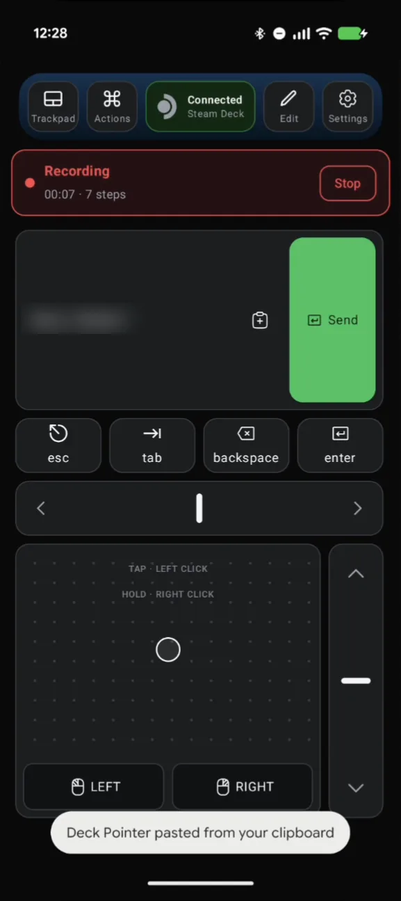 Deck Pointer mid-recording with the pasted password in the text field and the toast Deck Pointer pasted from your clipboard