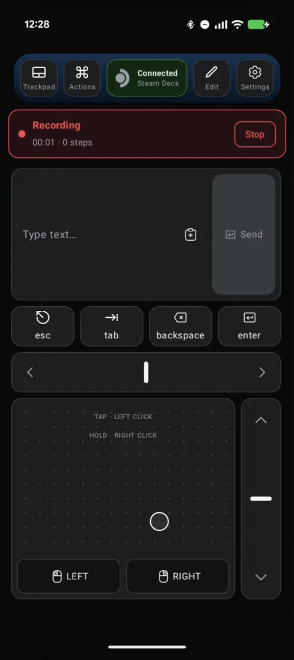 Deck Pointer recording a new Action, with the Recording banner at the top and the empty text field below
