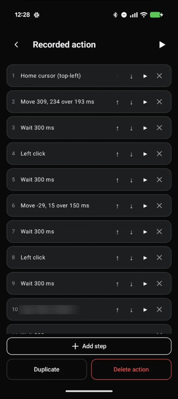 Deck Pointer's Recorded action step list: Home cursor, Move, Wait, Left click and the following steps, with the typed-password step blurred