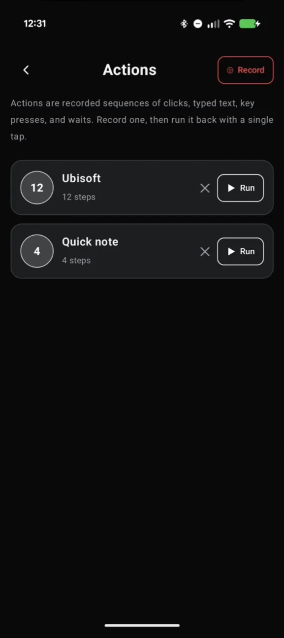Deck Pointer's Actions screen with the saved Ubisoft action and its Run button