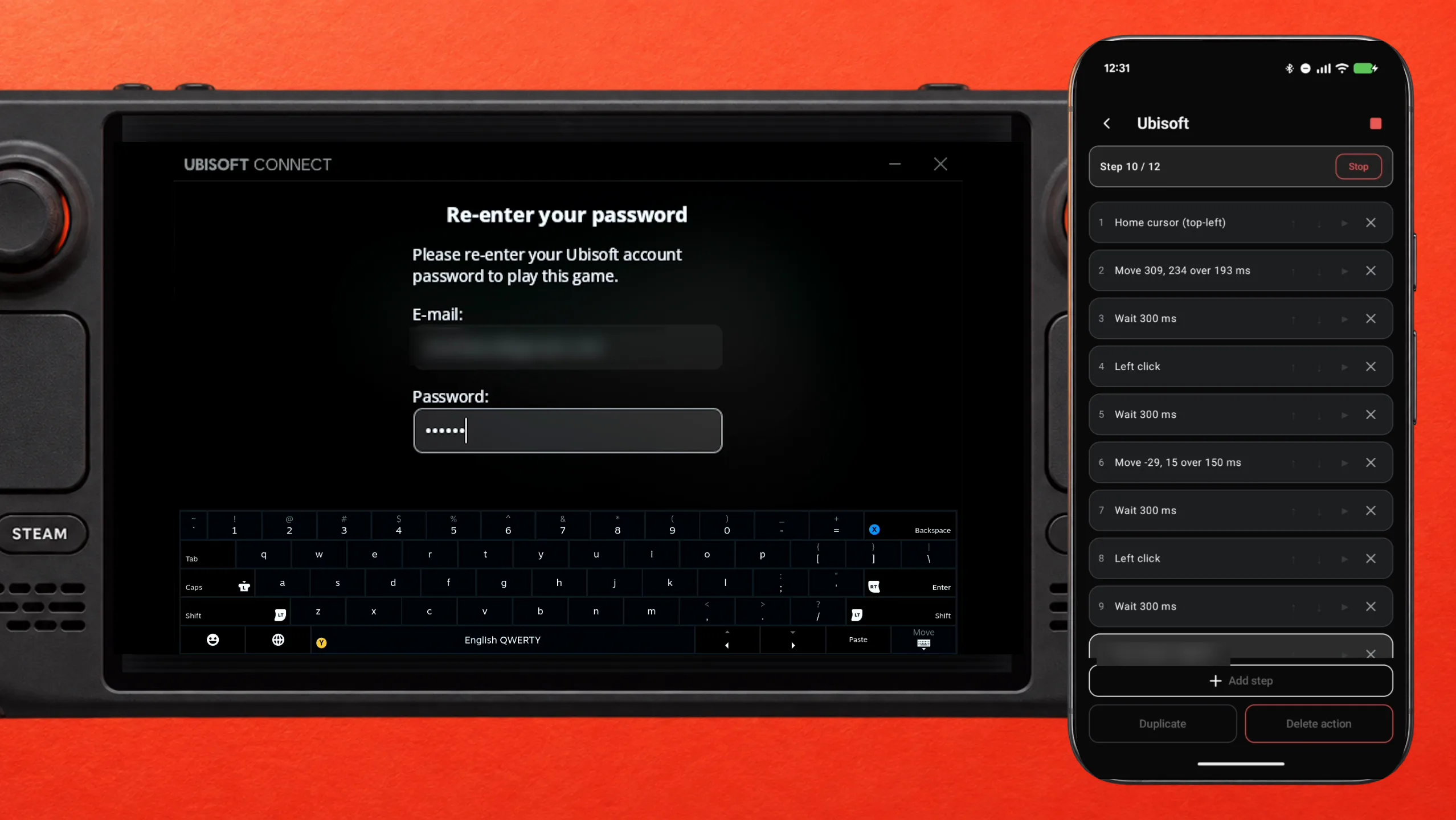 Steam Deck and phone side by side: Deck Pointer running the Ubisoft action at step 10 of 12 while the password field on the Deck fills in