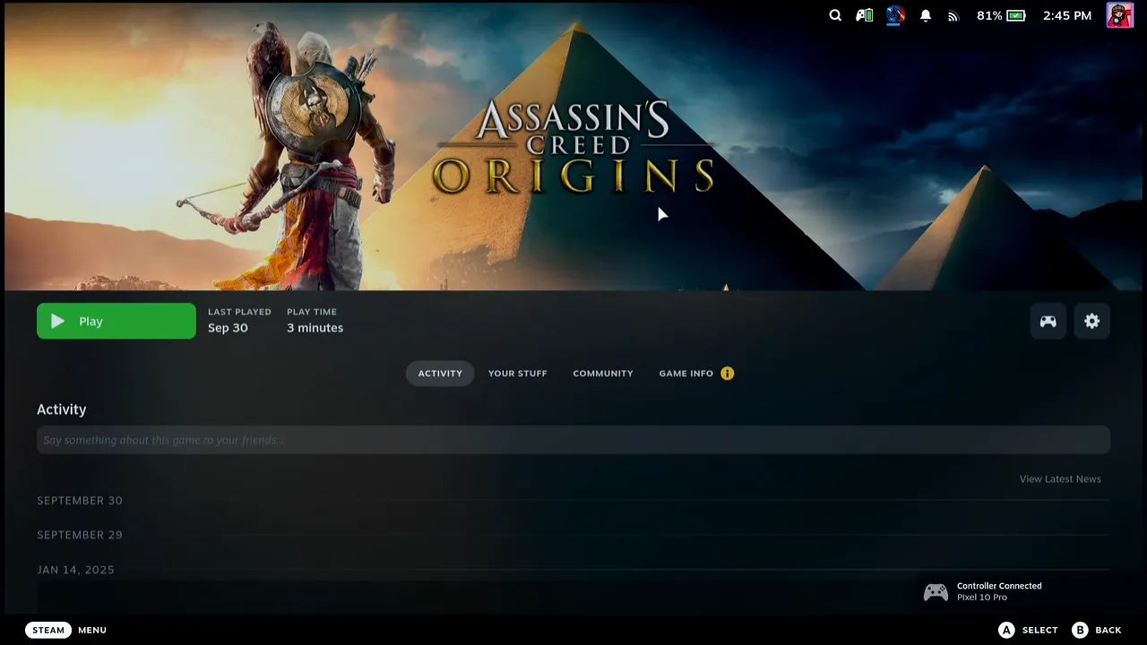 Assassin's Creed Origins page in Steam Game Mode on the Steam Deck with the green Play button