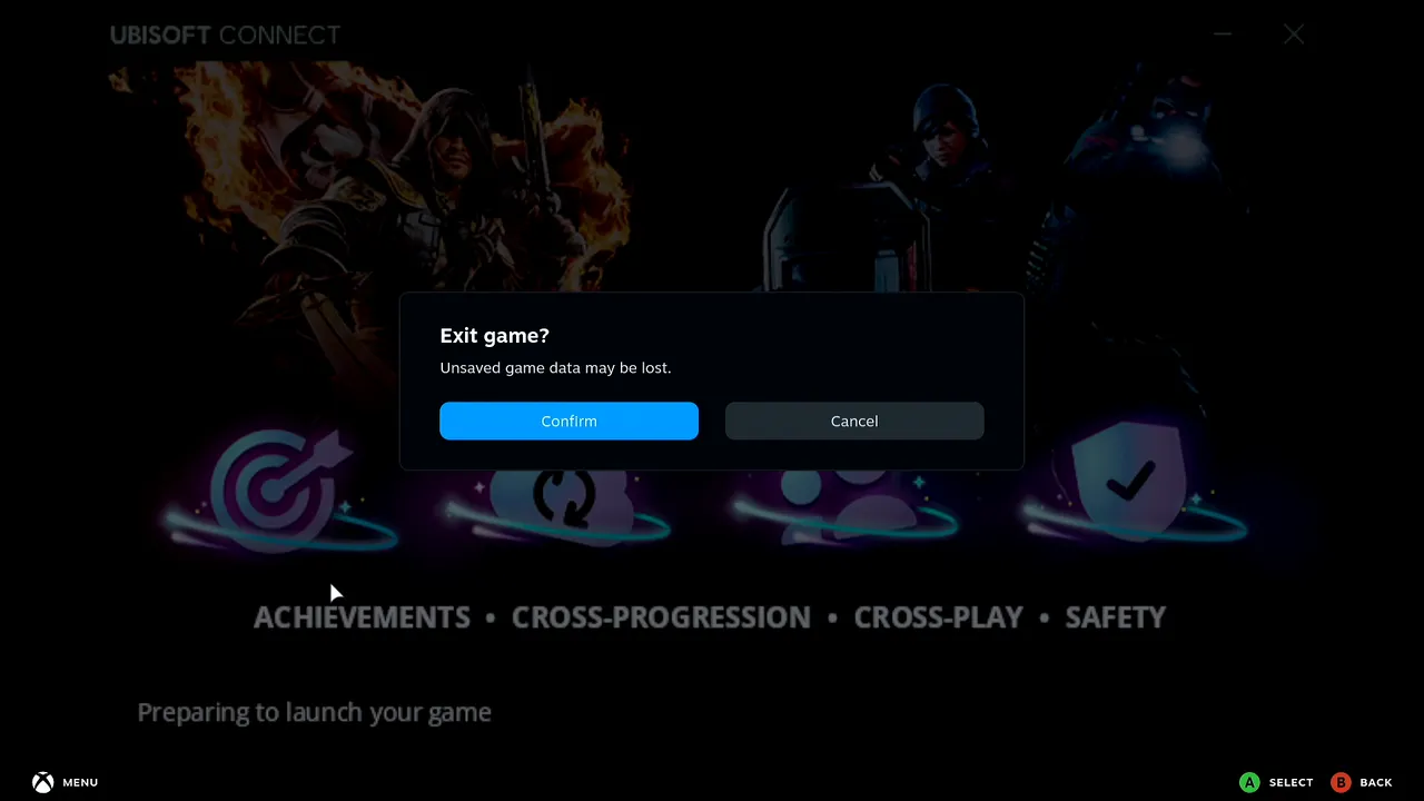 The Exit game confirmation dialog on the Steam Deck with the Confirm button