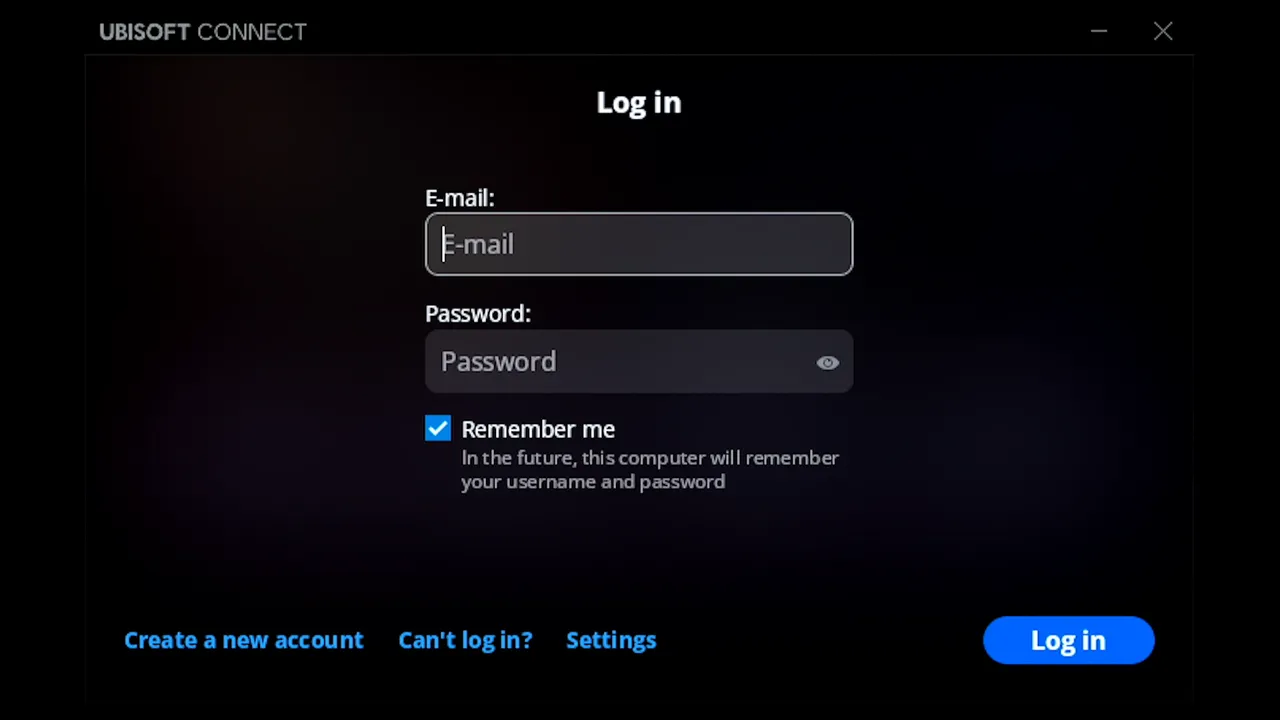 Ubisoft Connect Log in form on the Steam Deck with an empty E-mail field and Remember me ticked