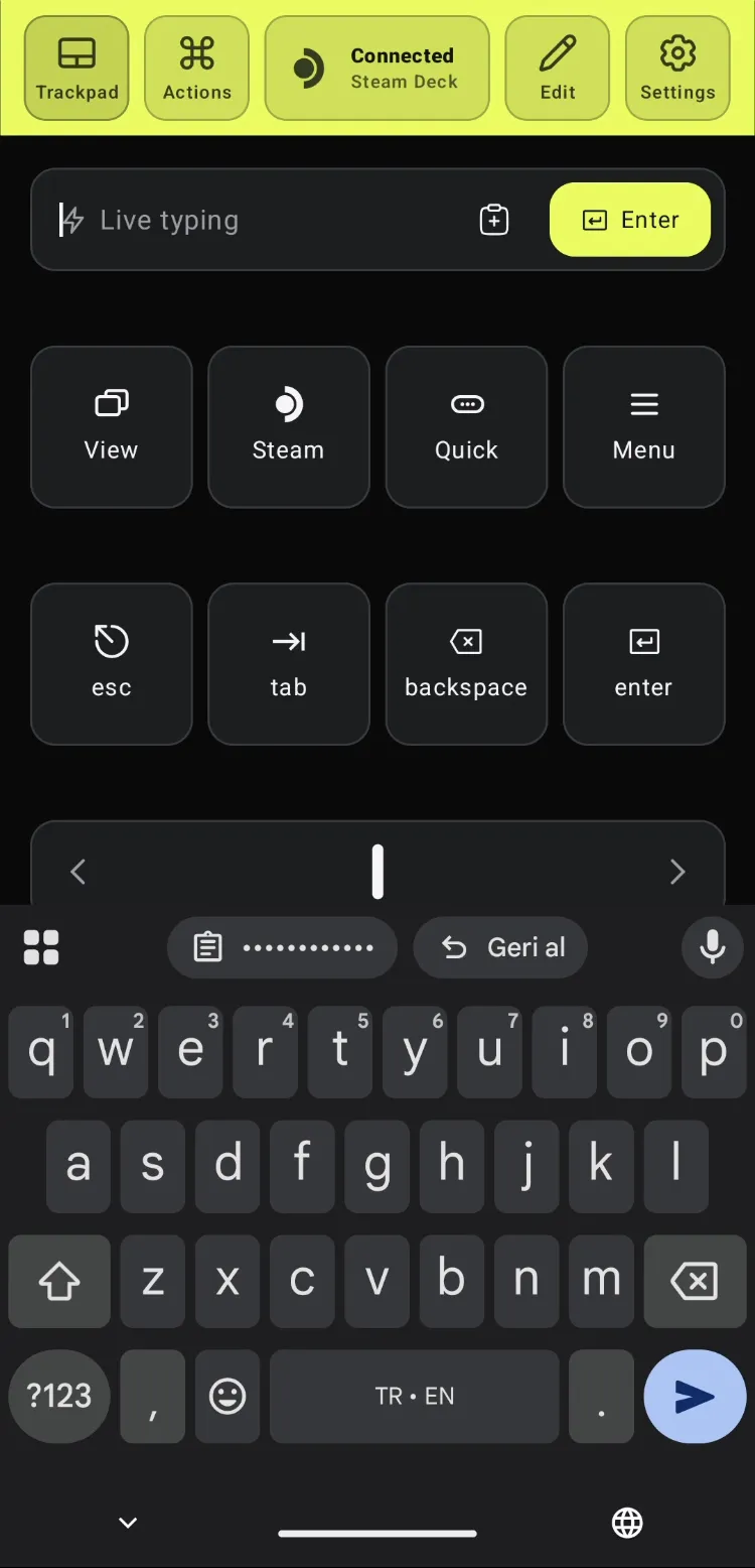 Deck Pointer's empty Live typing field on the phone with the keyboard's clipboard chip showing the copied password as dots