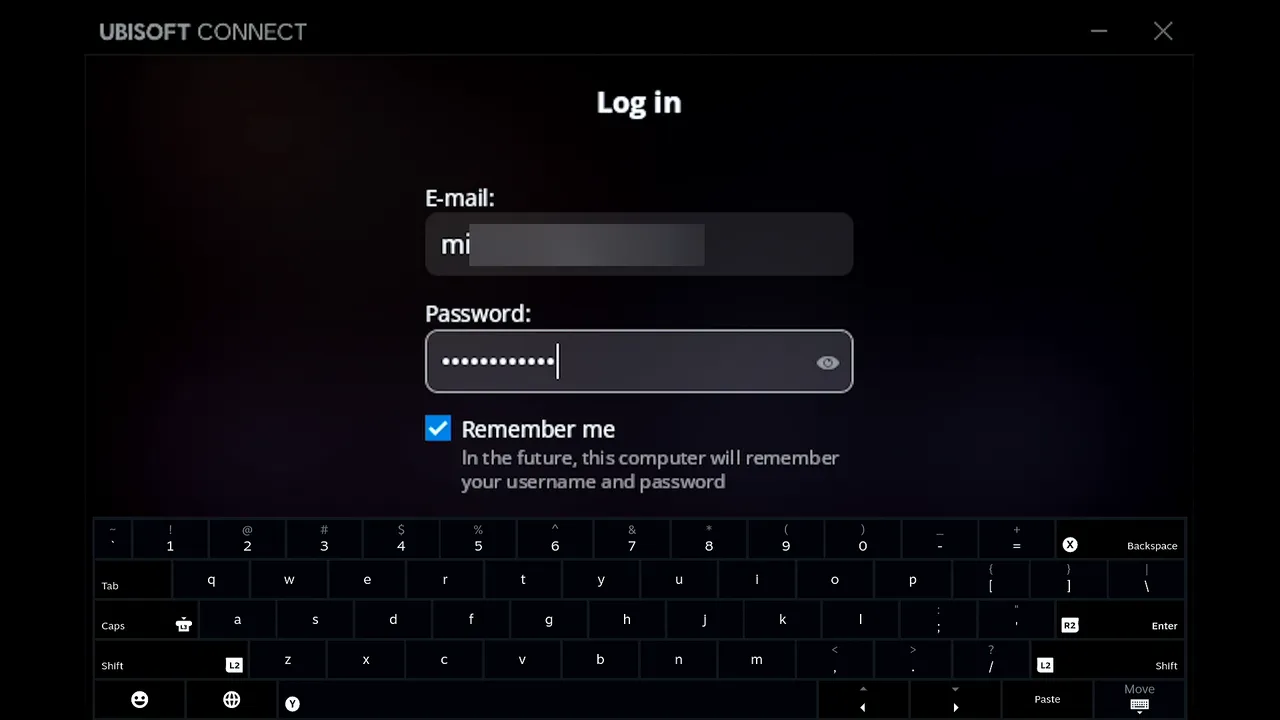Ubisoft Connect on the Steam Deck with the Password field filled with dots and Remember me ticked, e-mail blurred