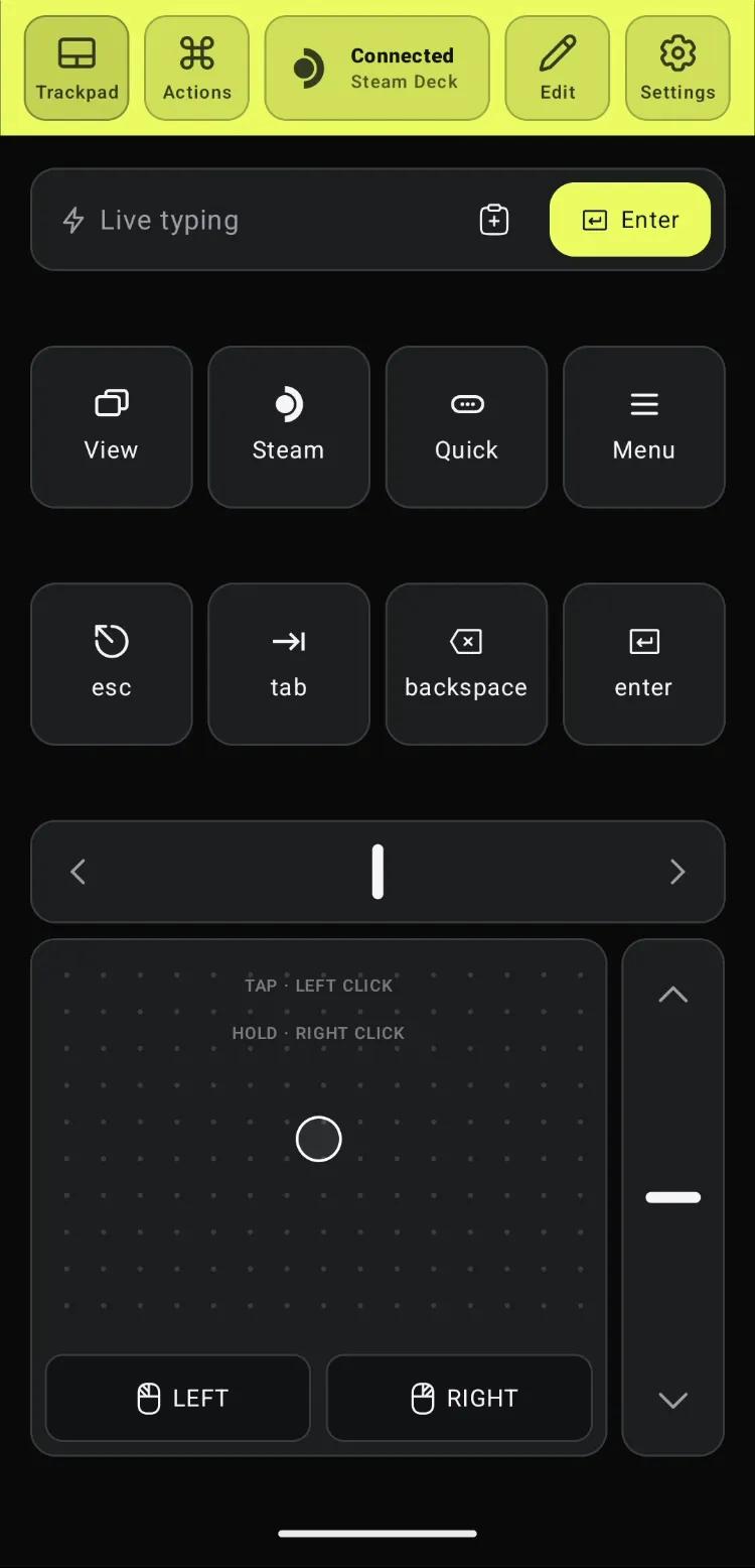 Deck Pointer on the phone with the chip at the top reading Connected, Steam Deck, above the Live typing field