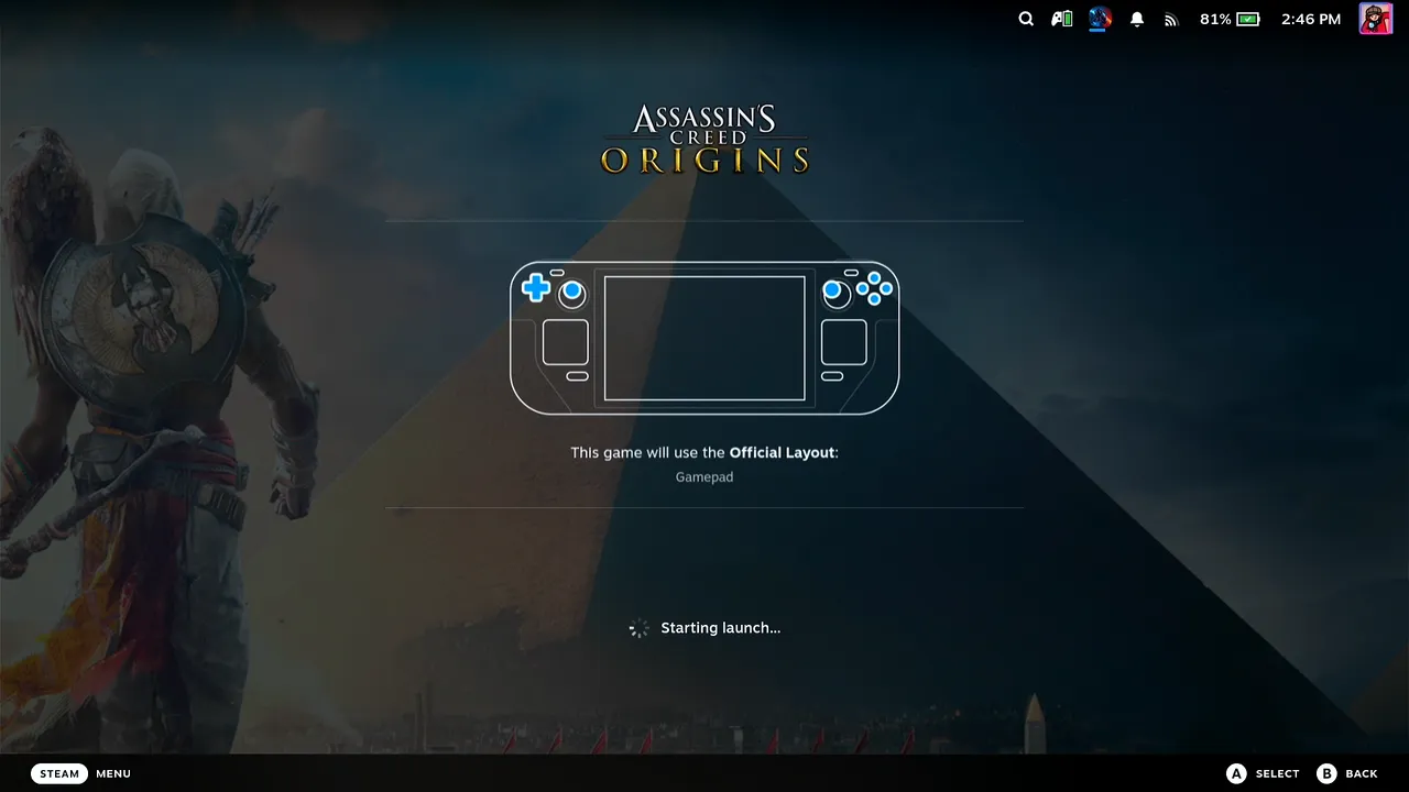 Steam on the Steam Deck showing Starting launch for Assassin's Creed Origins