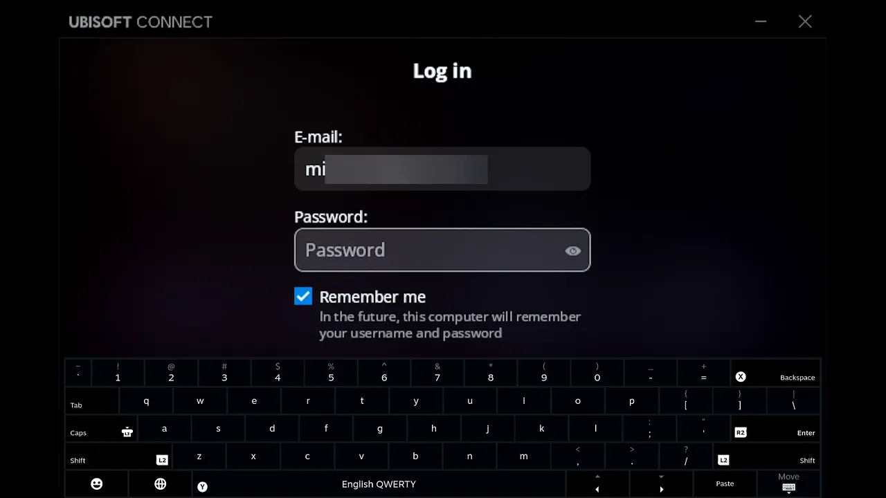 Ubisoft Connect on the Steam Deck with the Password field focused after Tab and Steam's on-screen keyboard open, e-mail blurred