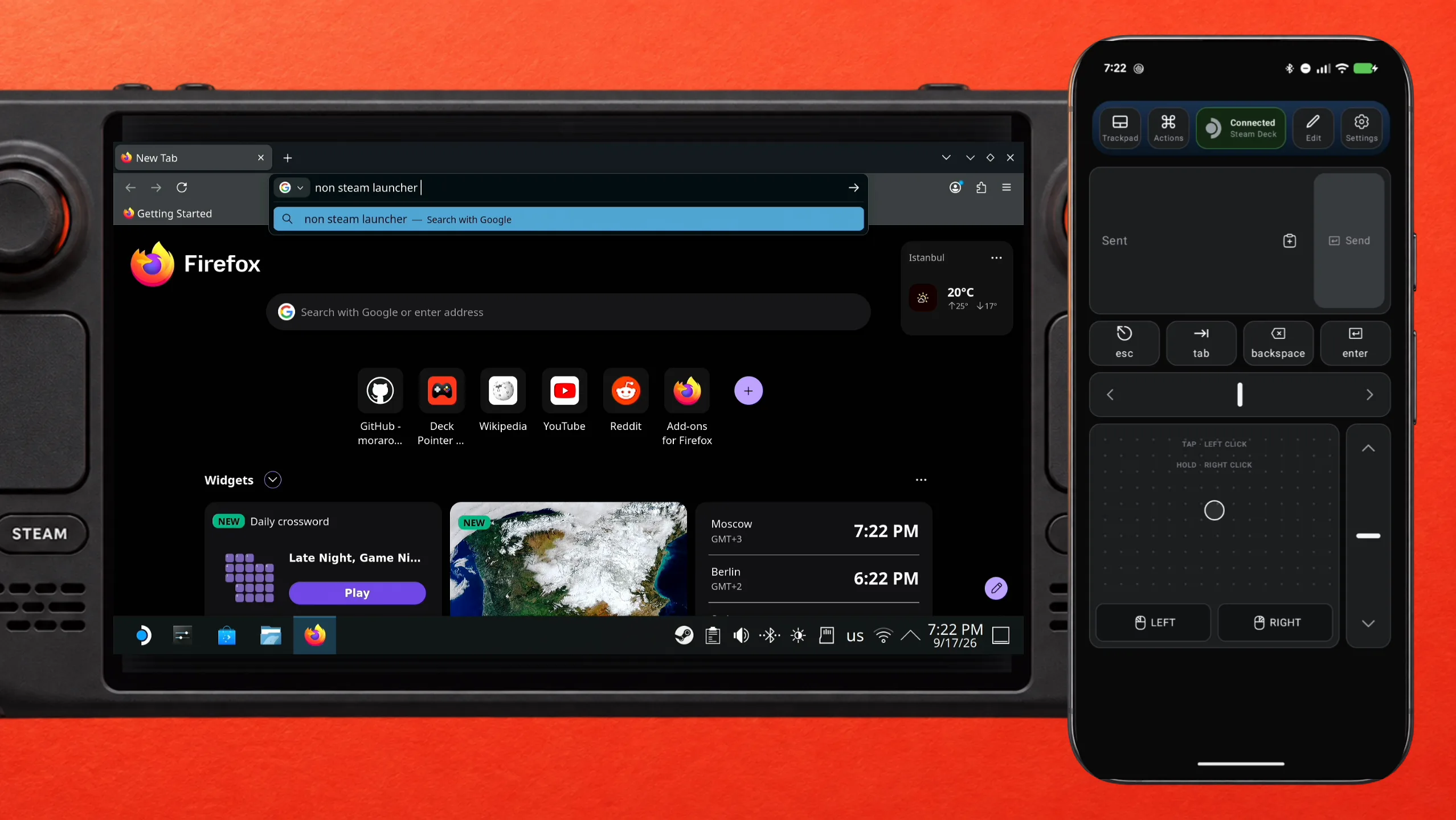 Steam Deck in Desktop Mode with non steam launcher typed into Firefox's search bar, next to Deck Pointer on the phone showing Sent