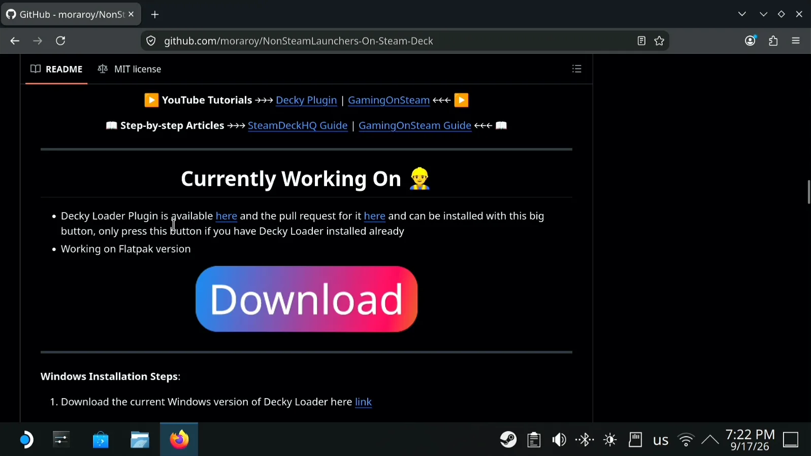 NonSteamLaunchers README on GitHub: the Currently Working On section with the Decky Loader plugin Download button