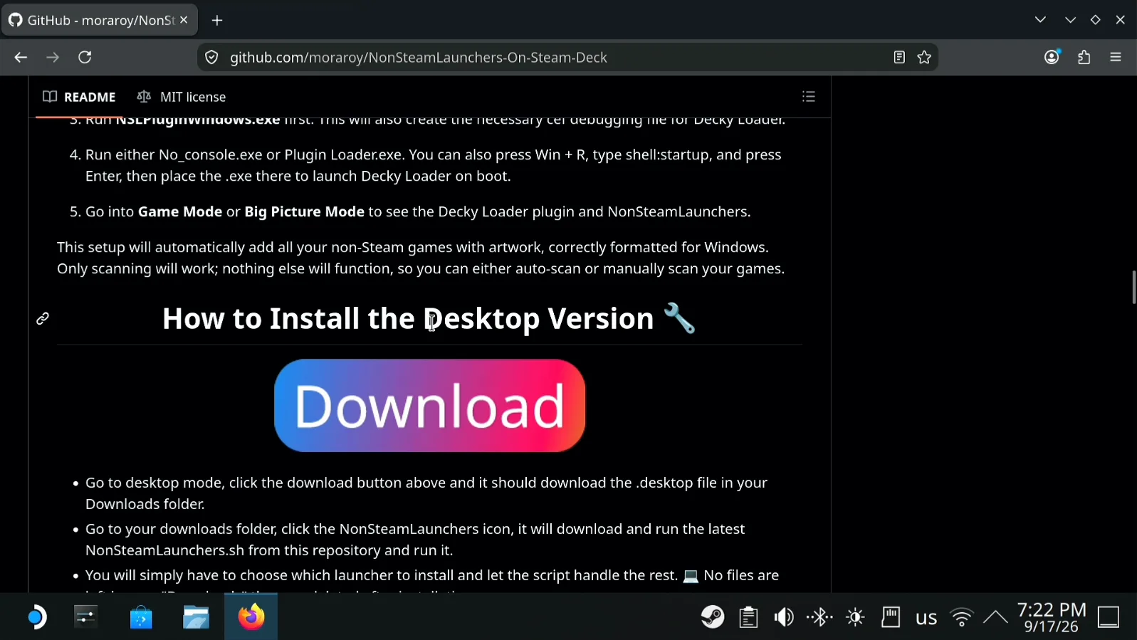 The How to Install the Desktop Version heading and its Download button in the NonSteamLaunchers README