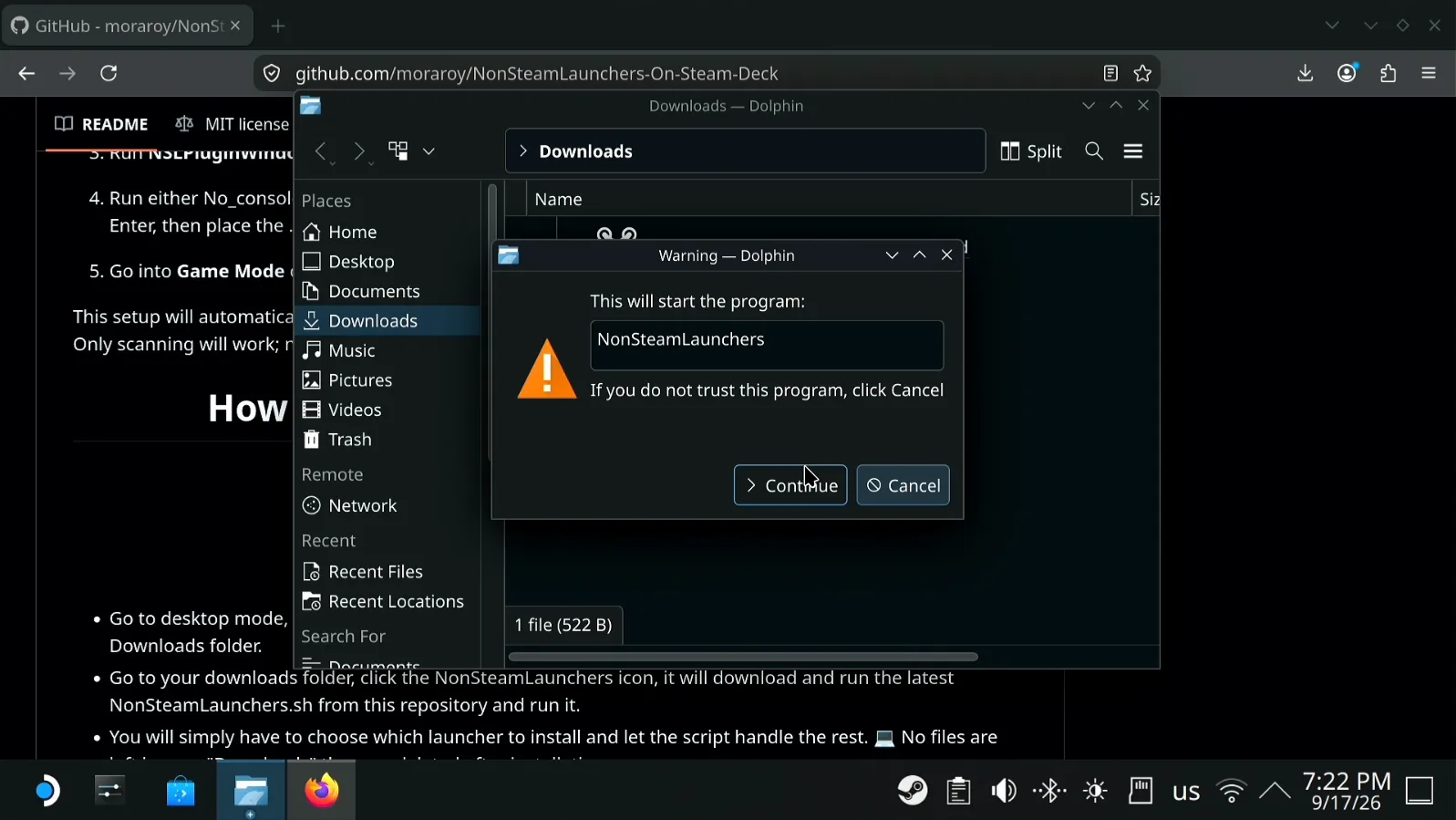 Dolphin's warning dialog: This will start the program NonSteamLaunchers, with Continue and Cancel buttons