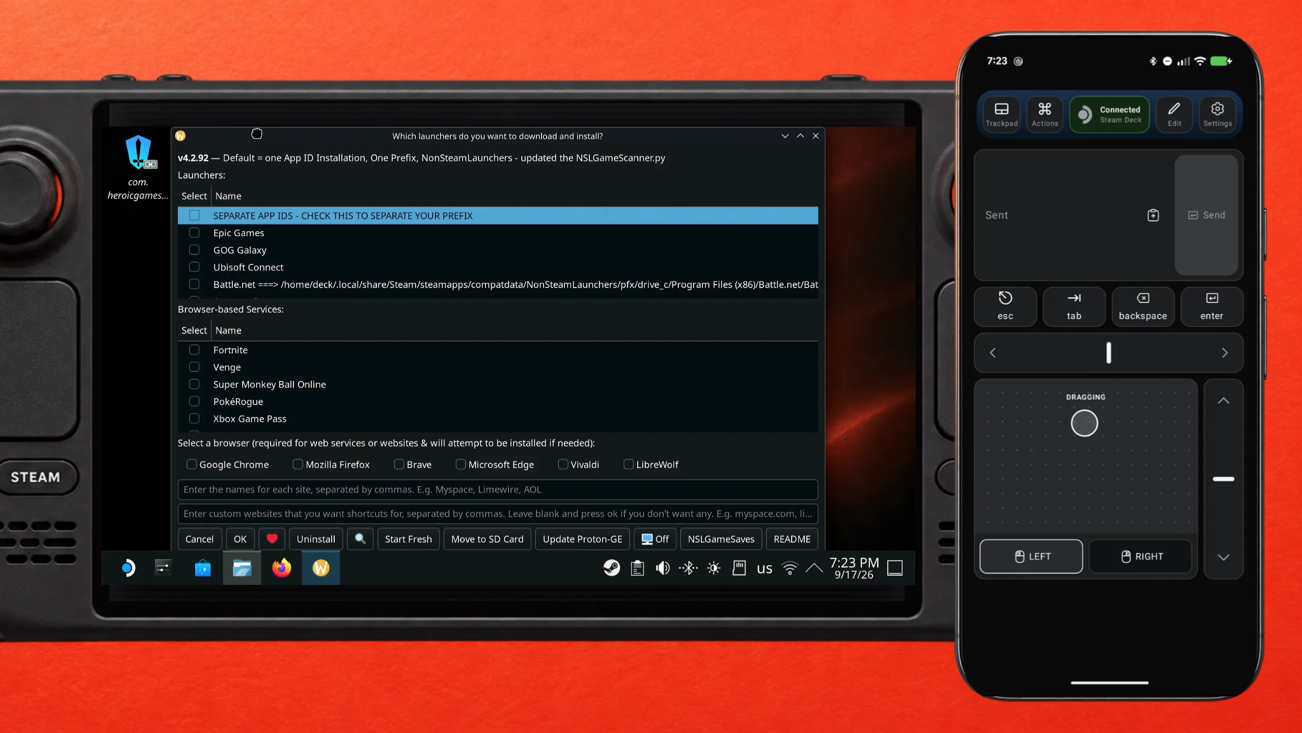 Deck Pointer with LEFT held and Dragging on the trackpad, while the NonSteamLaunchers window is resized on the Steam Deck