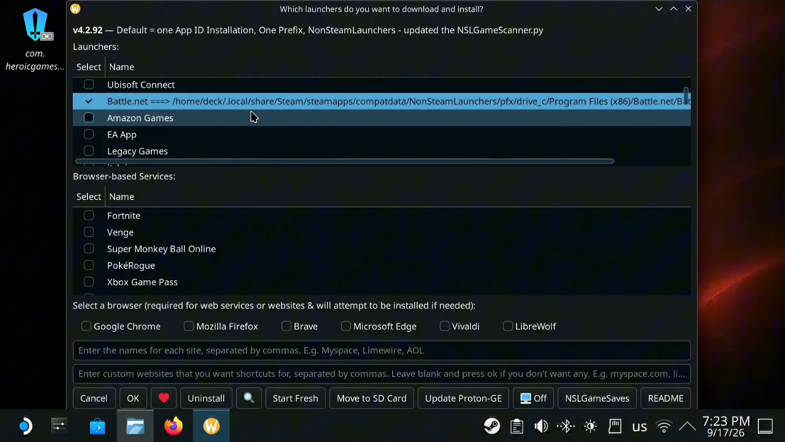 NonSteamLaunchers' Which launchers do you want to download and install? window with Battle.net checked
