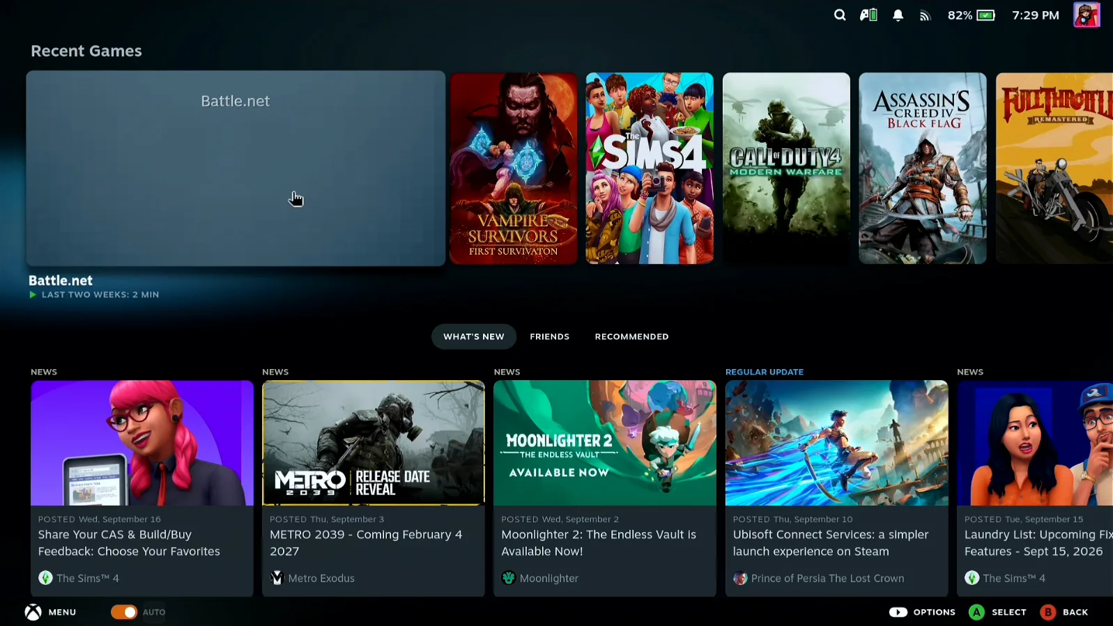 Steam Deck Game Mode home with Battle.net as the first tile under Recent Games