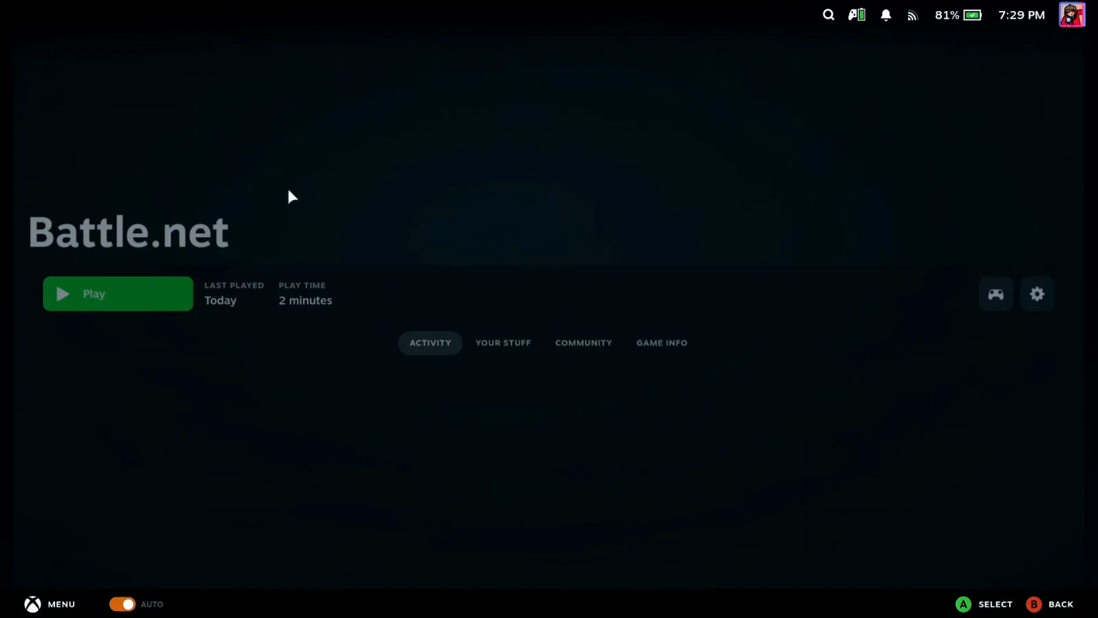 Battle.net's page in the Steam library with the green Play button