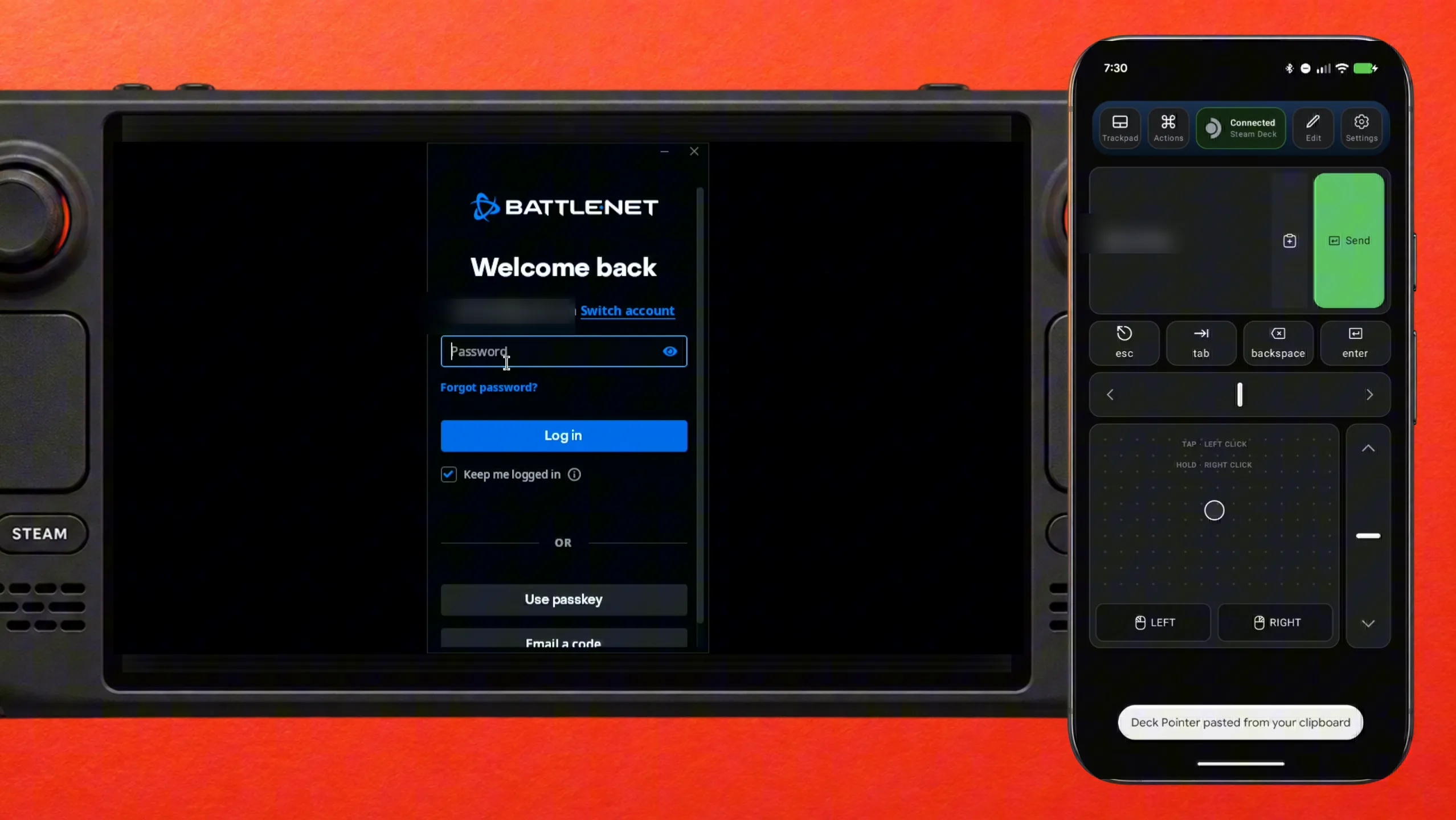 Battle.net Welcome back login on the Steam Deck, next to Deck Pointer with a pasted password, blurred, and the toast Deck Pointer pasted from your clipboard
