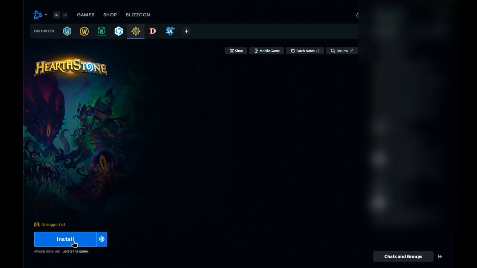 Hearthstone's page in the Battle.net app on the Steam Deck with the Unsupported label and the blue Install button