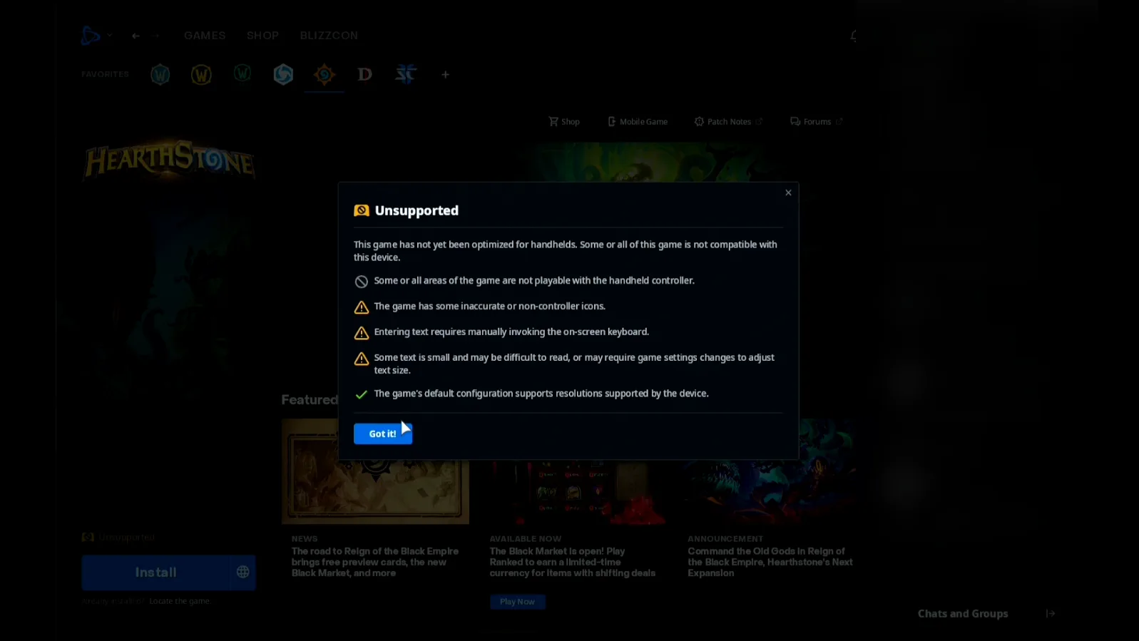 Battle.net's Unsupported notice for Hearthstone: not yet optimized for handhelds, entering text requires manually invoking the on-screen keyboard