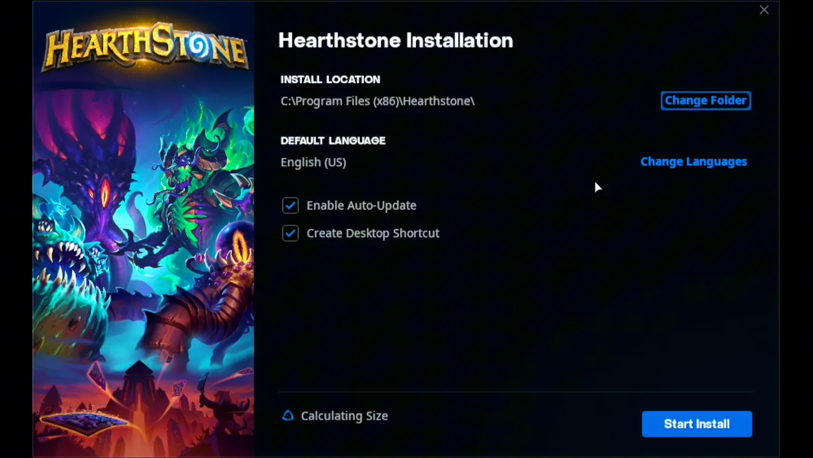 Hearthstone Installation dialog with the install location, language, and the Start Install button