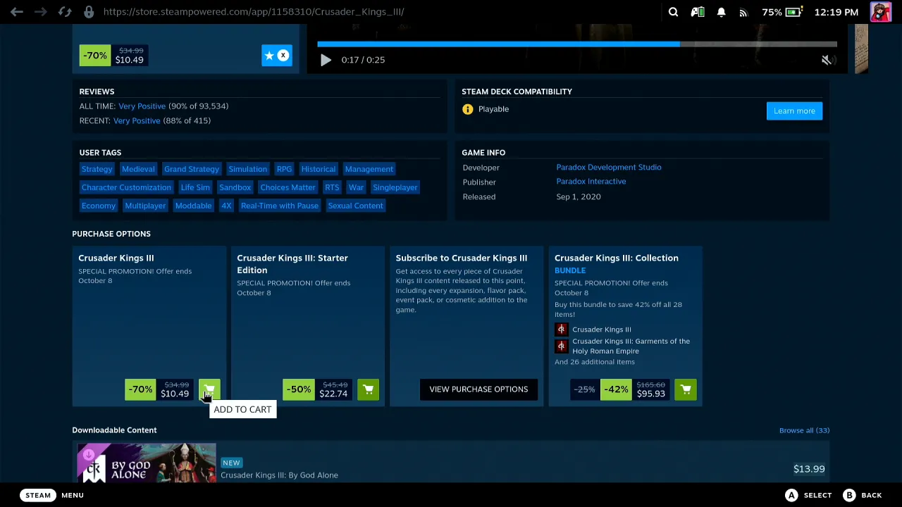 Crusader Kings III purchase options on the Steam Deck with the pointer on the cart button of the base game and an Add to Cart tooltip