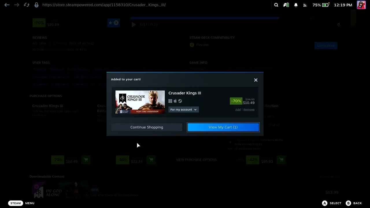 Steam's Added to your cart dialog on the Steam Deck with Crusader Kings III, Continue Shopping and View My Cart