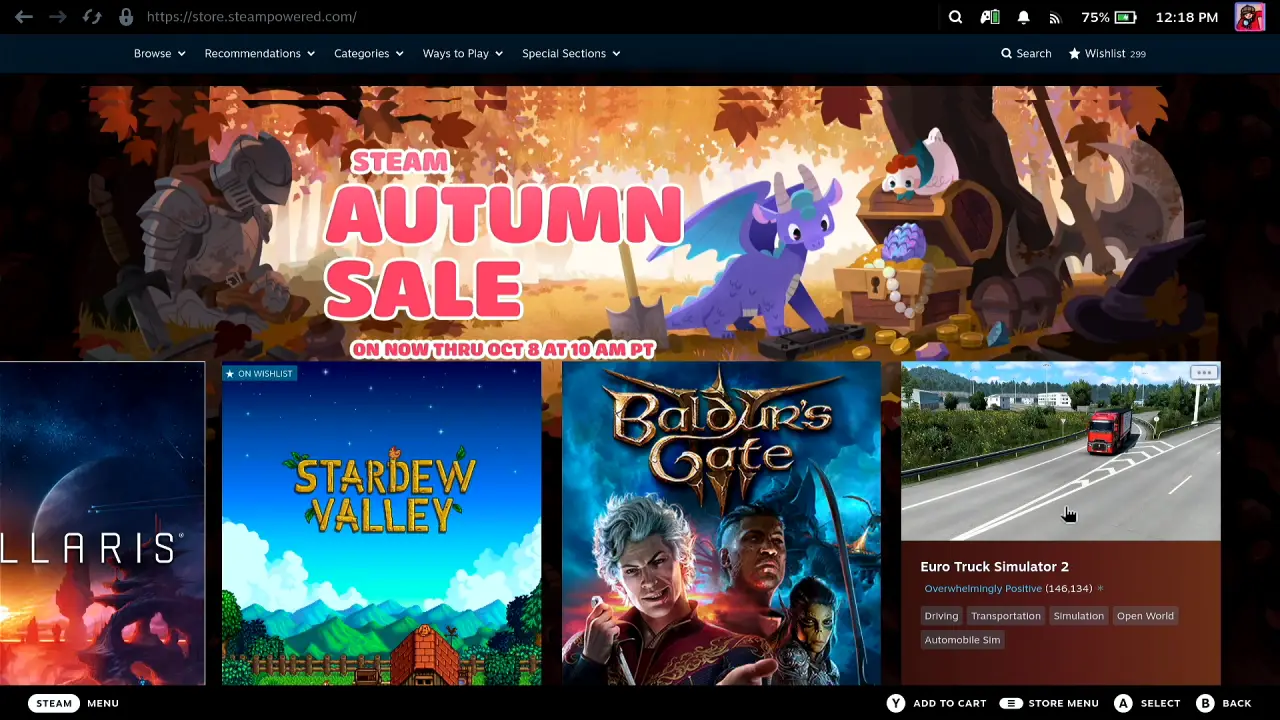 The Steam store front page on the Steam Deck with the Steam Autumn Sale banner and discounted games below it
