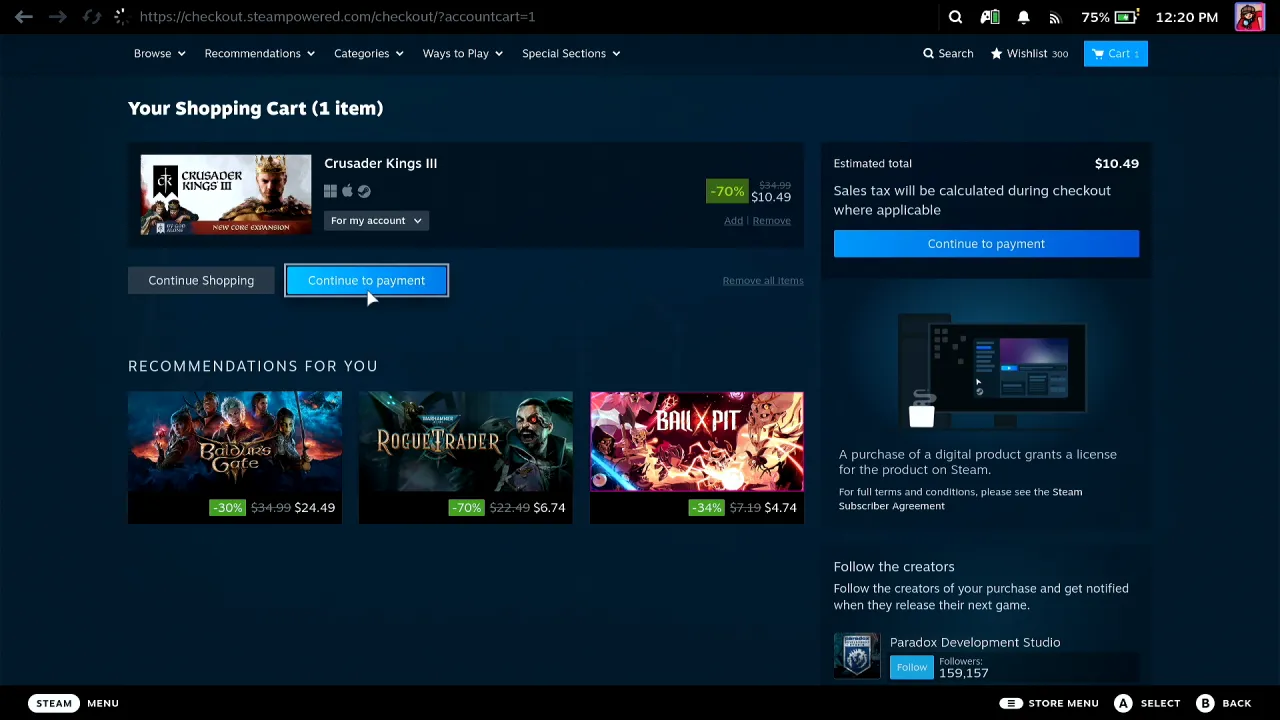 Your Shopping Cart on the Steam Deck with Crusader Kings III at the sale price and the Continue to payment button