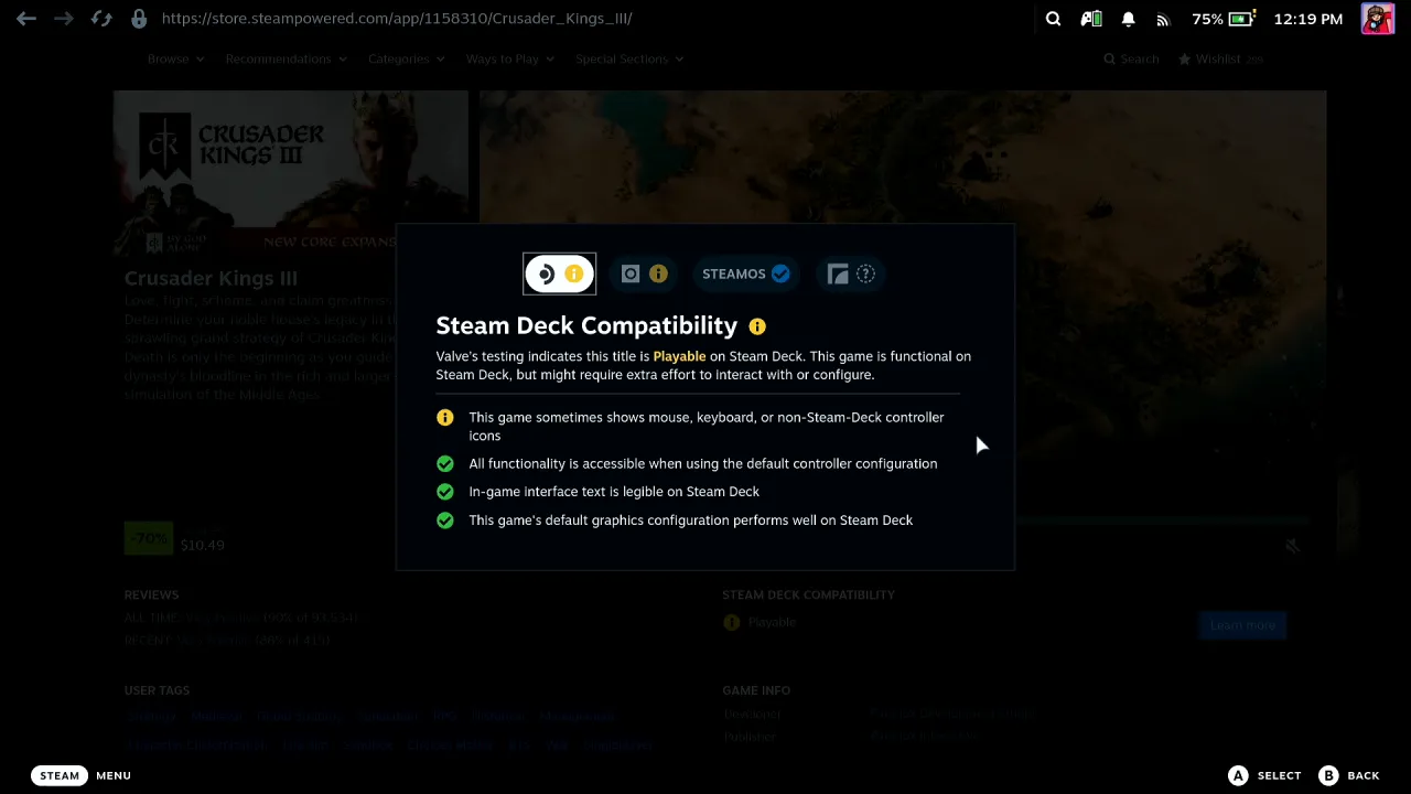Steam Deck Compatibility panel for Crusader Kings III reading Playable, with a note that the game sometimes shows mouse and keyboard icons