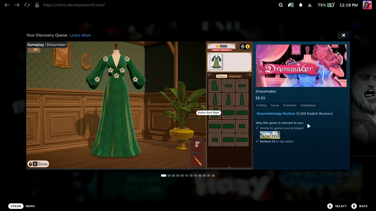 Your Discovery Queue on the Steam Deck playing a gameplay trailer for Dressmaker next to its price and reviews