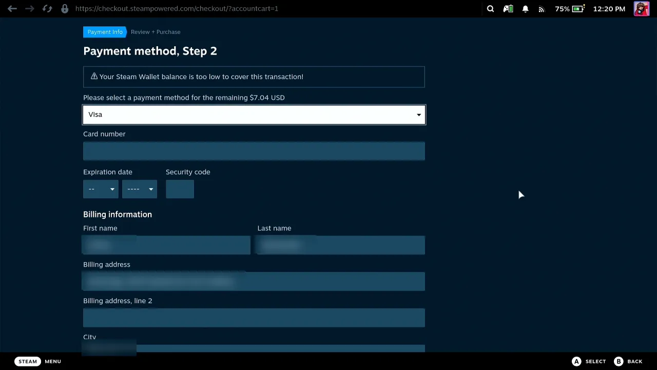 Steam's Payment method, Step 2 form on the Steam Deck with the card fields empty and the billing details blurred