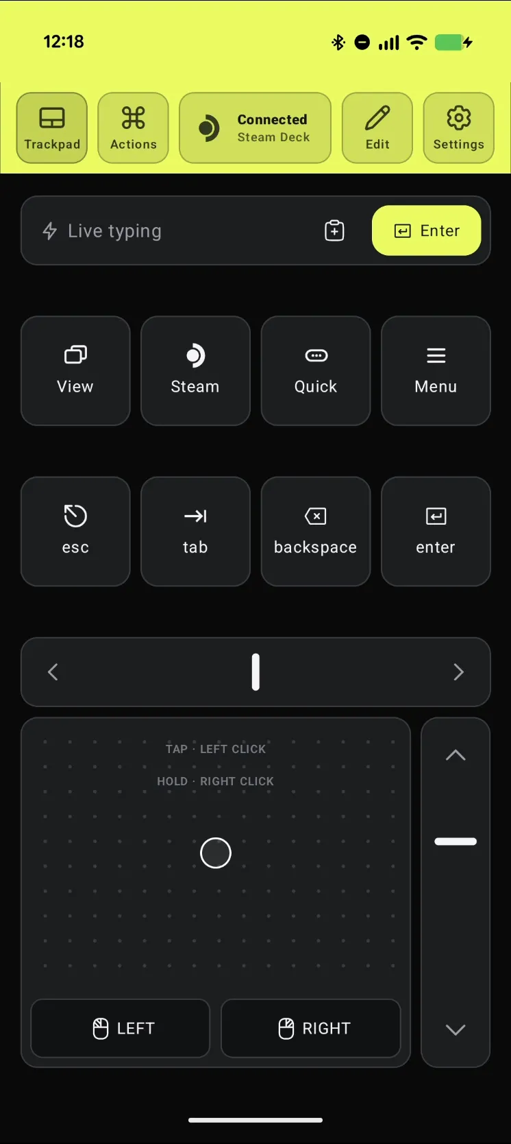 Deck Pointer on the phone with the chip at the top reading Connected, Steam Deck, above the shortcut keys, trackpad and scroll rail