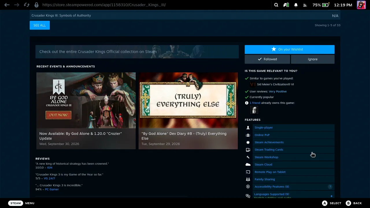 Crusader Kings III store page on the Steam Deck with the button reading On your wishlist