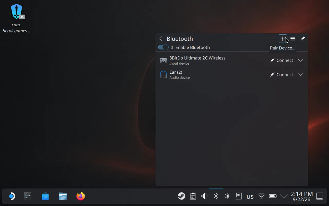 Steam Deck Desktop Mode with the Bluetooth panel open and the Pair Device + button under the cursor