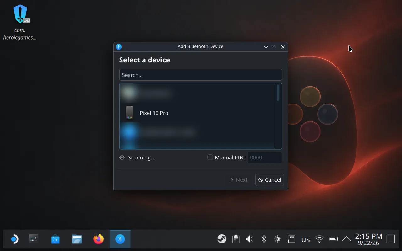 Steam Deck's Add Bluetooth Device window scanning, with Pixel 10 Pro in the list and other devices blurred