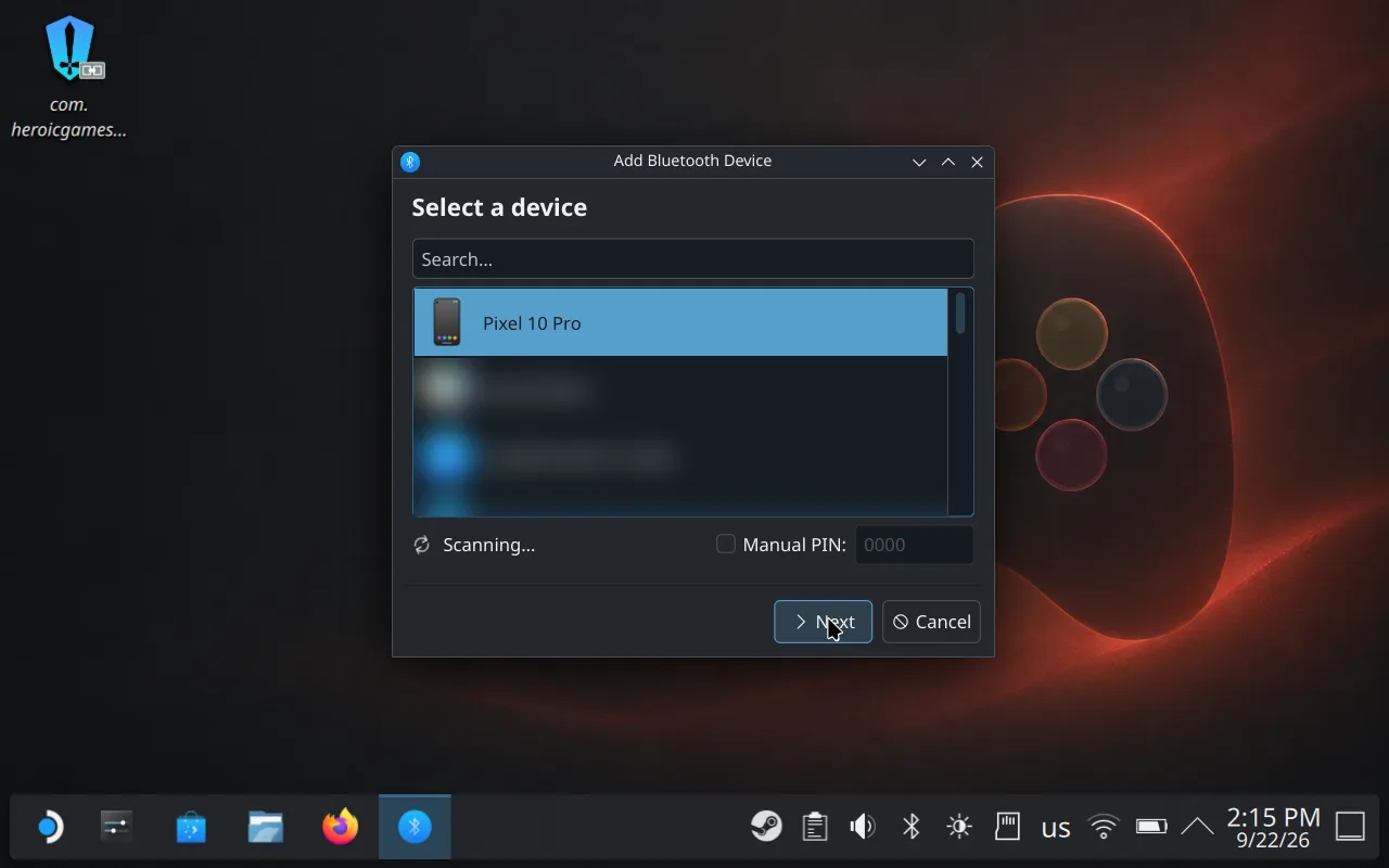Steam Deck's Add Bluetooth Device window with Pixel 10 Pro selected and the cursor on Next