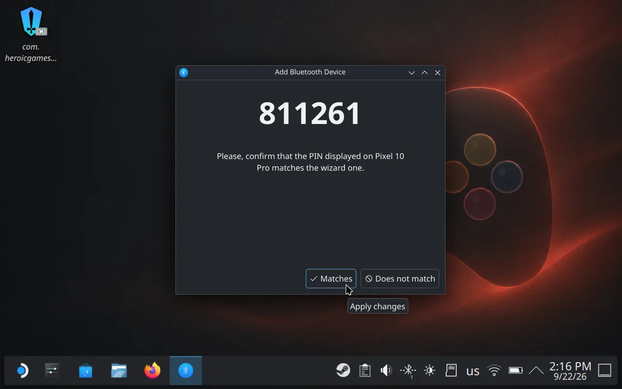 Steam Deck pairing window showing the six-digit code 811261 with Matches and Does not match buttons