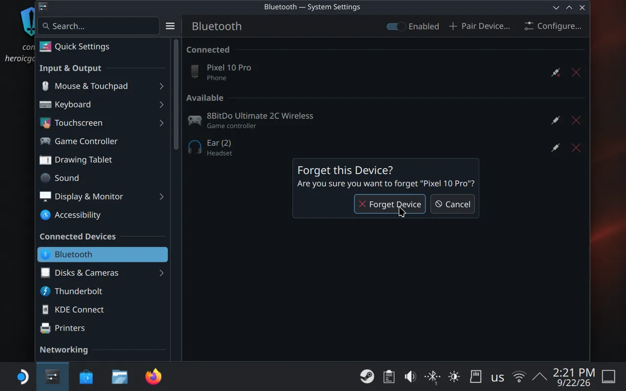 Forget this Device dialog on the Steam Deck desktop, asking to forget Pixel 10 Pro