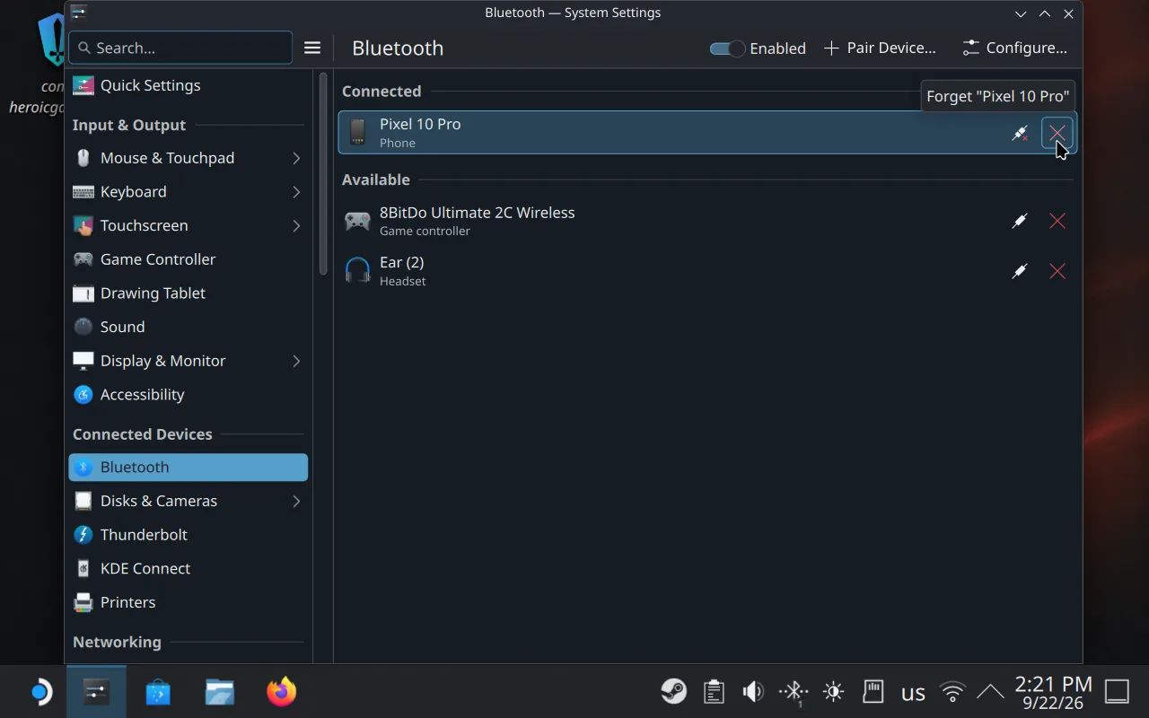 Steam Deck Desktop Mode System Settings, Bluetooth, with the cursor on the Forget Pixel 10 Pro cross