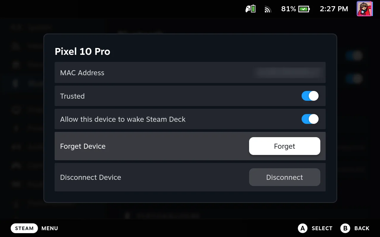 Steam Deck Gaming Mode device window for Pixel 10 Pro with the Forget button focused; MAC address blurred
