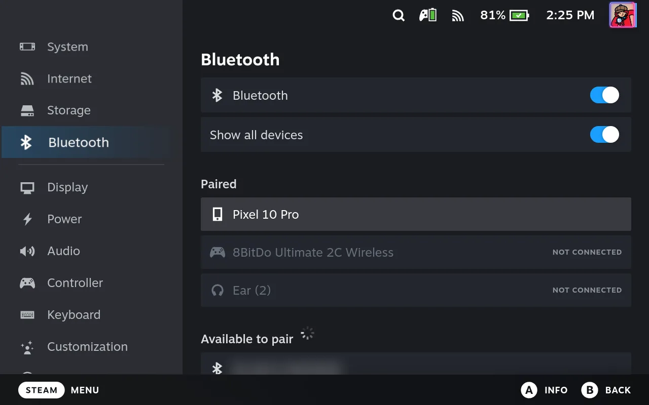 Steam Deck Gaming Mode Settings, Bluetooth: Show all devices turned on and Pixel 10 Pro selected under Paired