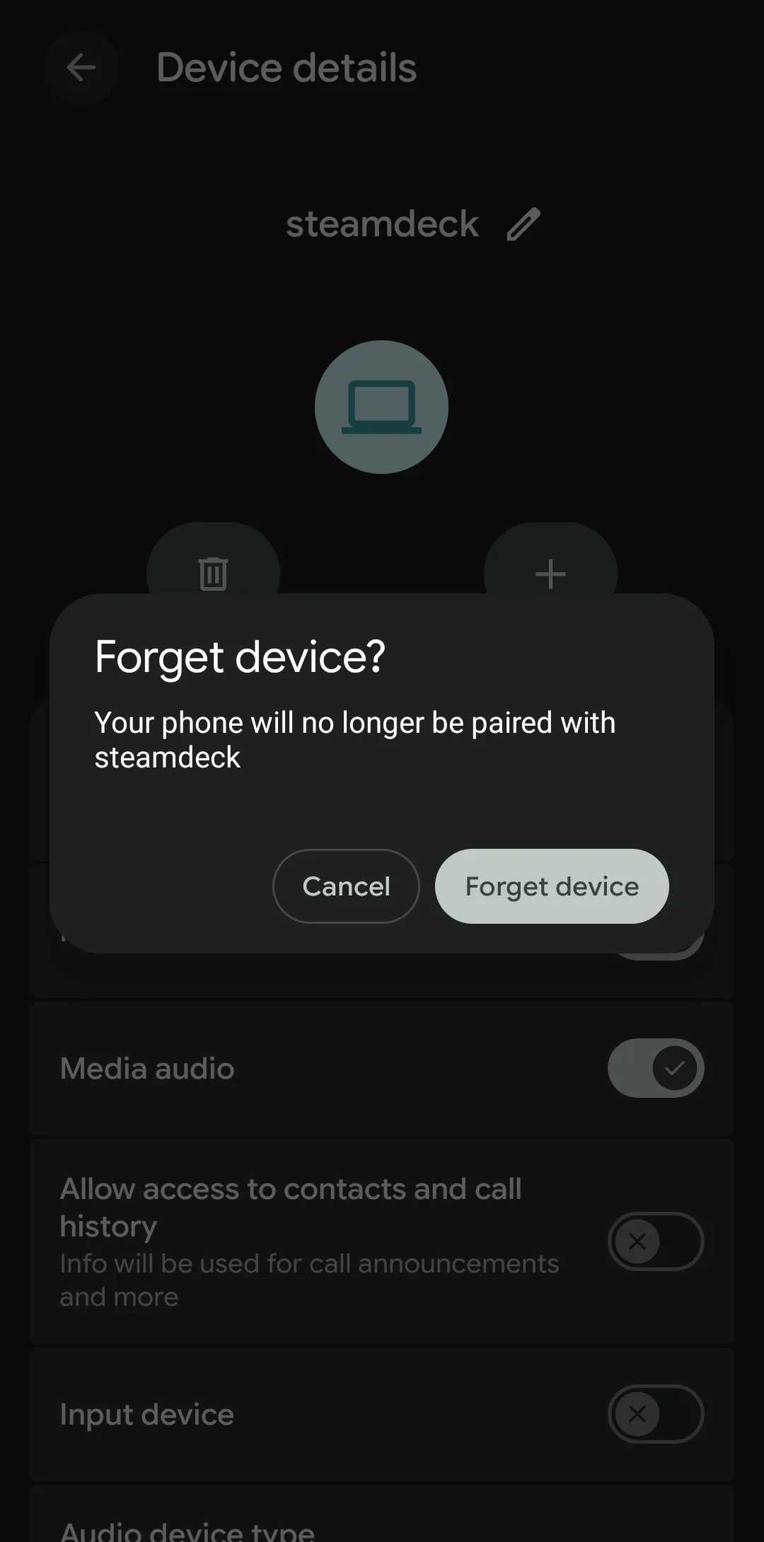 Android dialog Forget device? Your phone will no longer be paired with steamdeck, with Cancel and Forget device