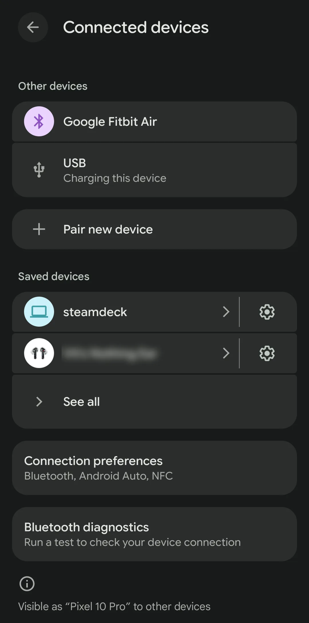 Android Connected devices screen with steamdeck under Saved devices and its settings gear