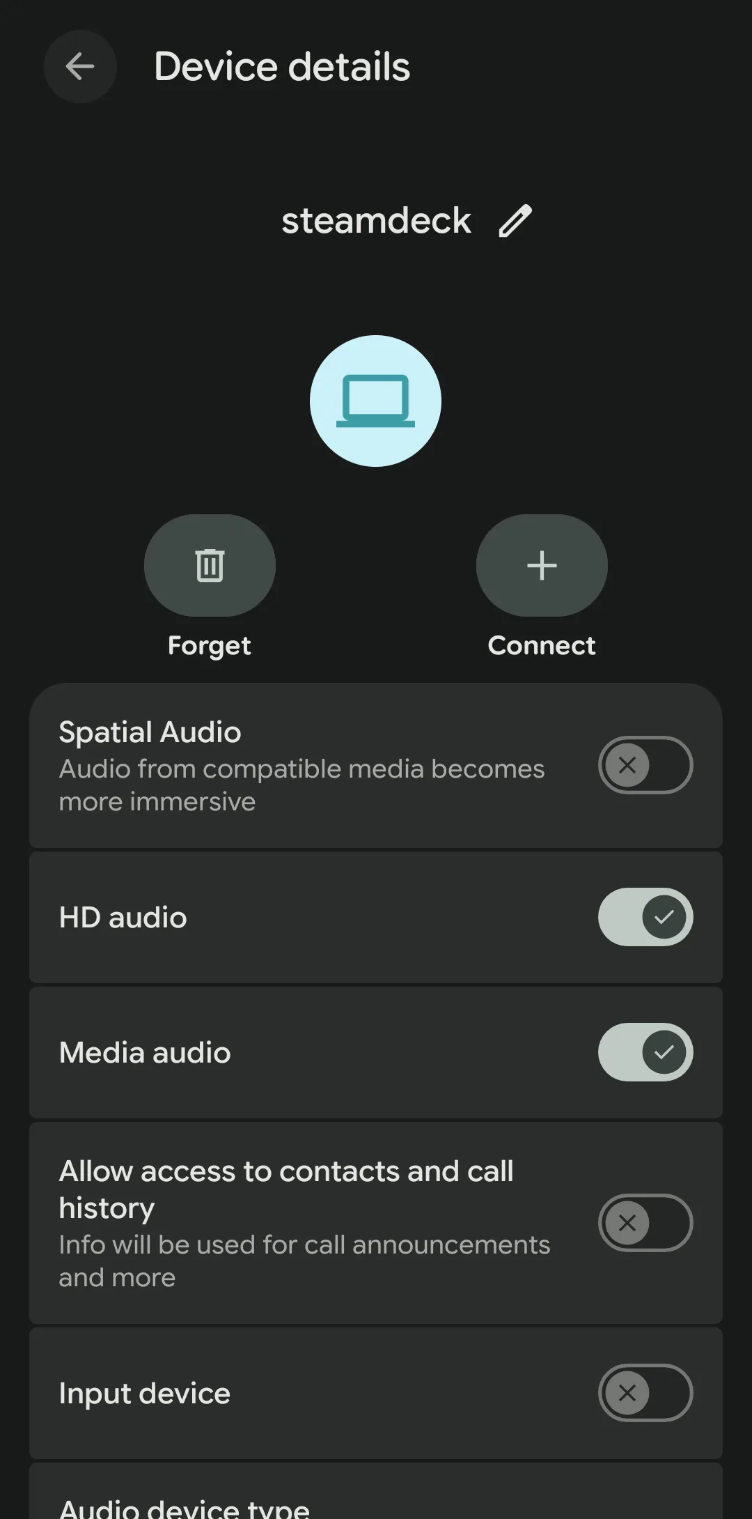 Android Device details for steamdeck with Forget and Connect buttons