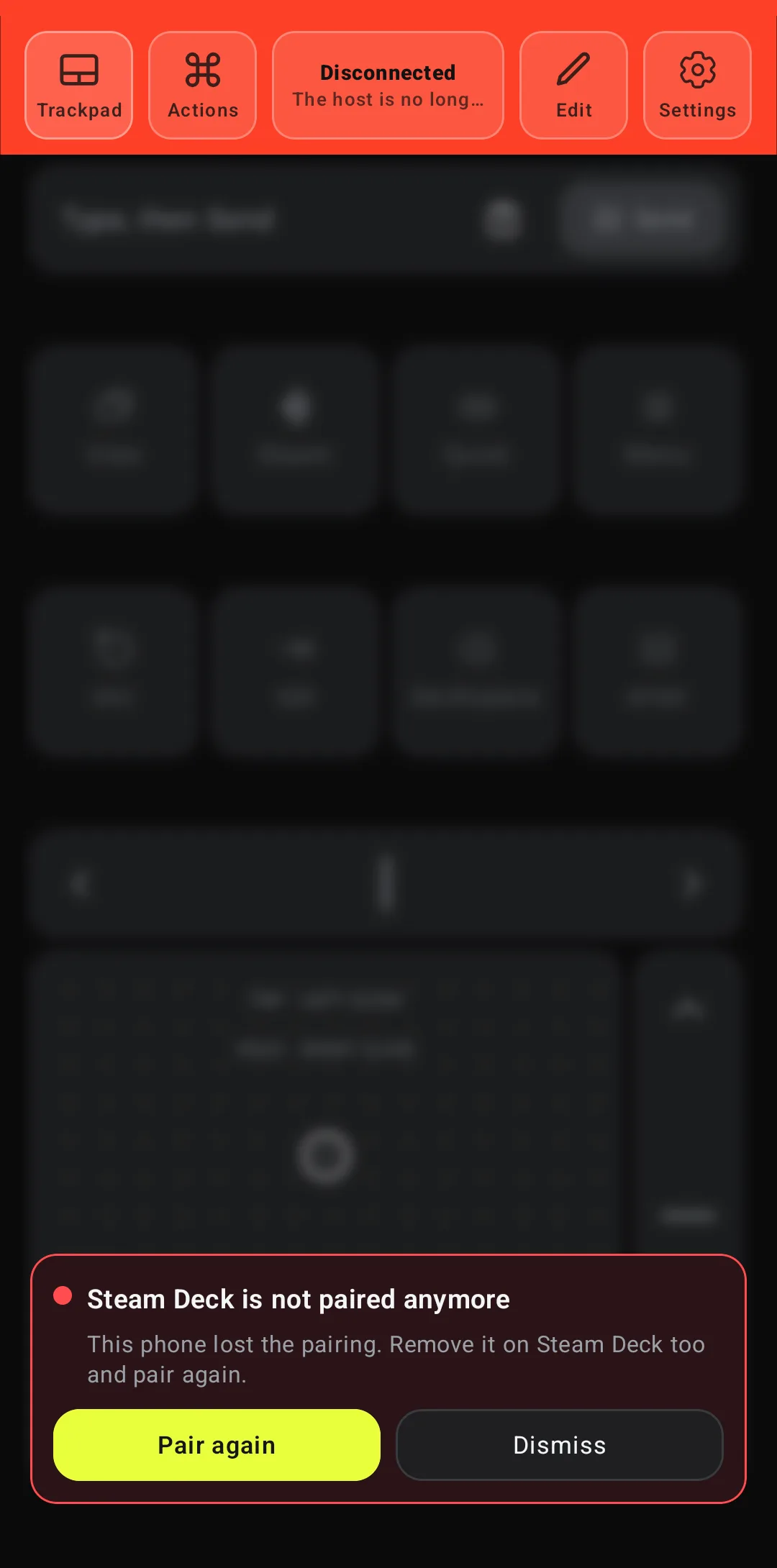 Deck Pointer card: Steam Deck is not paired anymore, with Pair again and Dismiss buttons