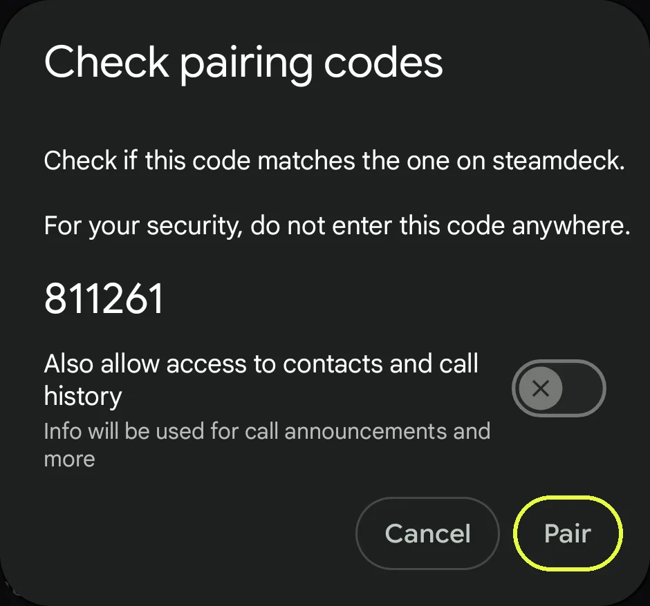 Android Check pairing codes dialog showing 811261, with Cancel and a highlighted Pair button
